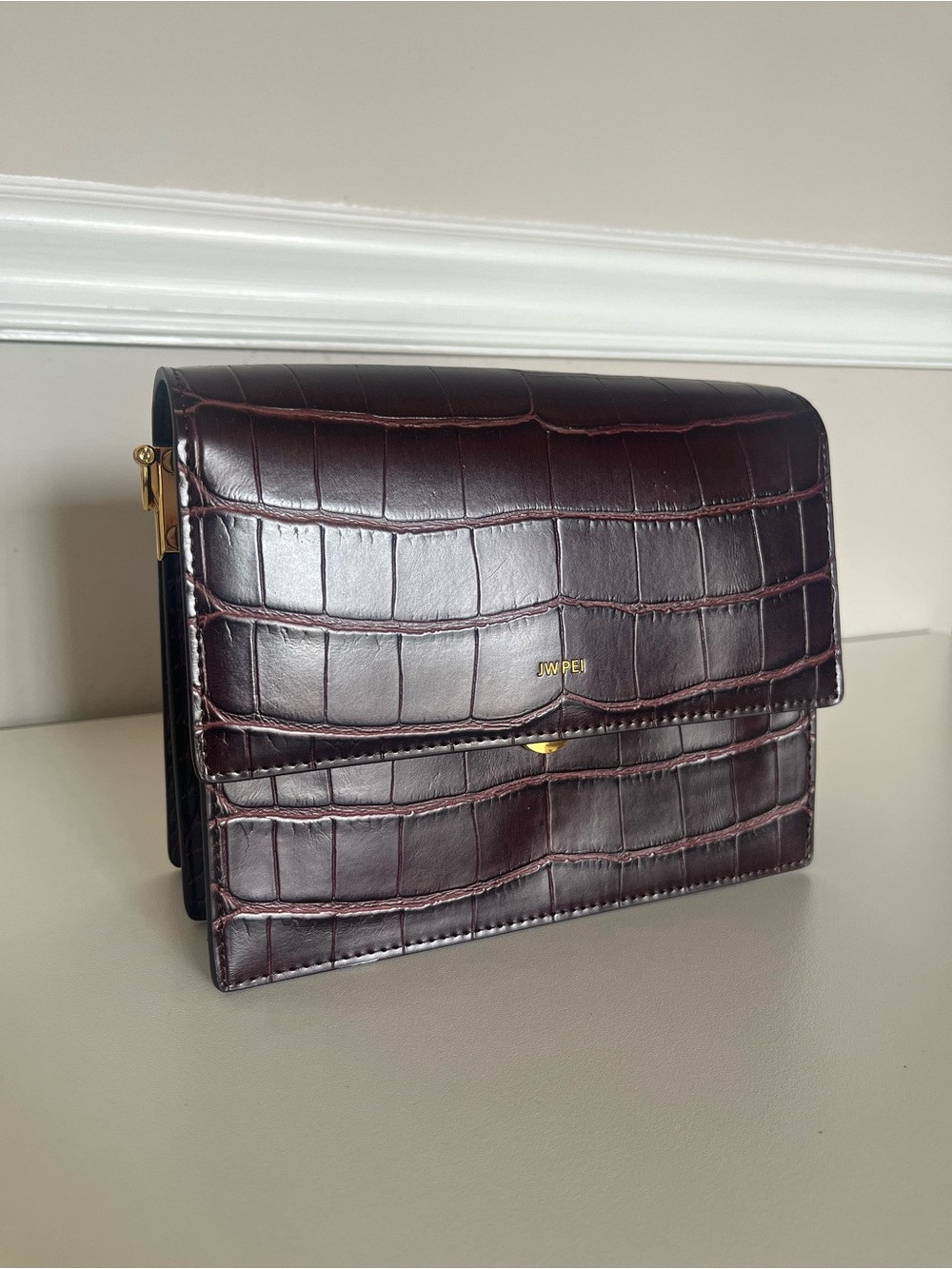 JW PEI Croc-Embossed Structured Crossbody in Burgundy